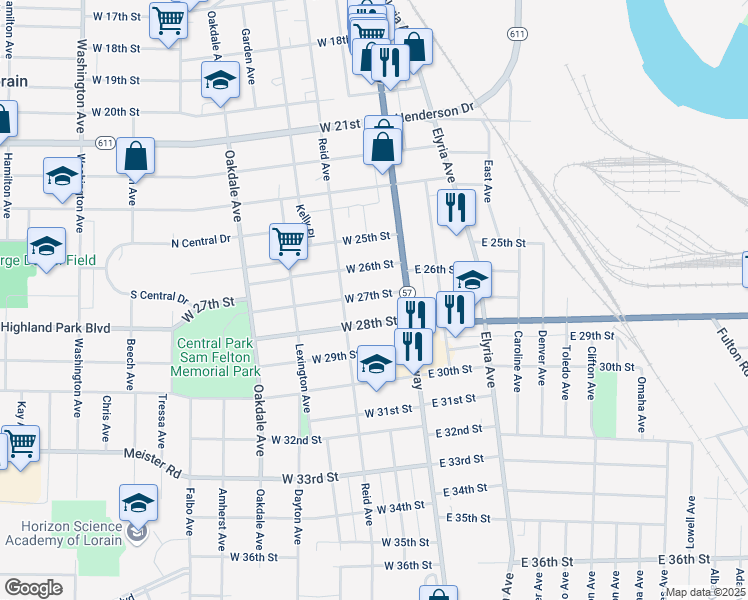 map of restaurants, bars, coffee shops, grocery stores, and more near 129 West 27th Street in Lorain