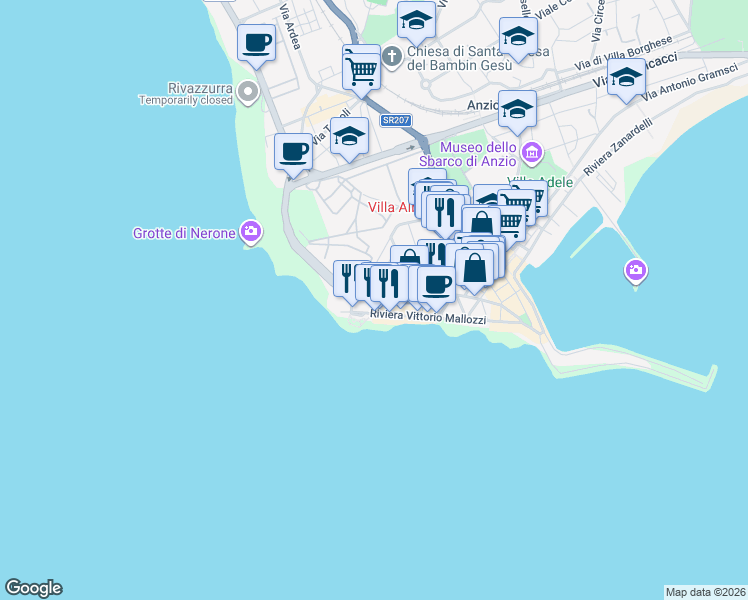 map of restaurants, bars, coffee shops, grocery stores, and more near 18 Via Luigi Mazza in Anzio
