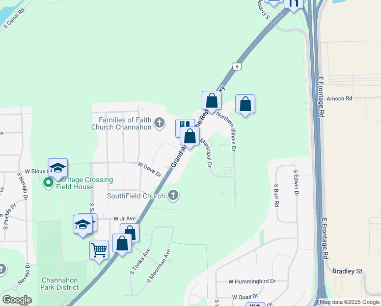 map of restaurants, bars, coffee shops, grocery stores, and more near 24437 West Eames Street in Channahon