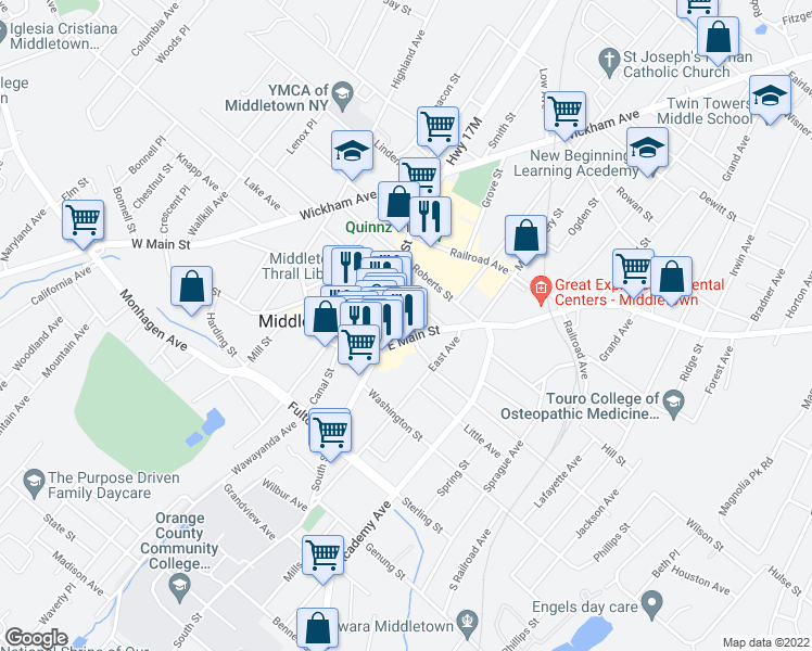 map of restaurants, bars, coffee shops, grocery stores, and more near 35 East Main Street in Middletown