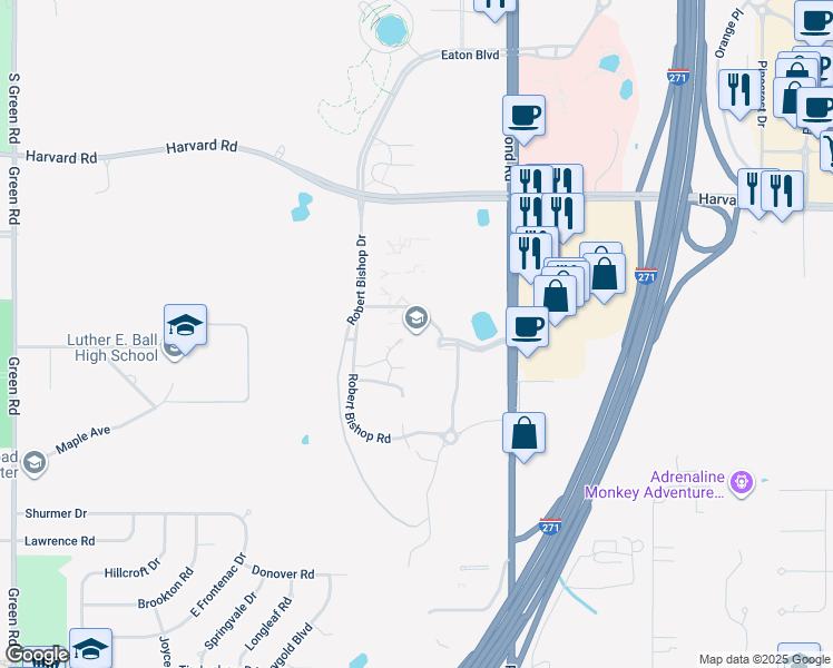 map of restaurants, bars, coffee shops, grocery stores, and more near 4250 Richmond Road in Highland Hills