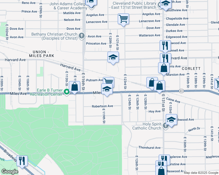 map of restaurants, bars, coffee shops, grocery stores, and more near 4137 East 120th Street in Cleveland