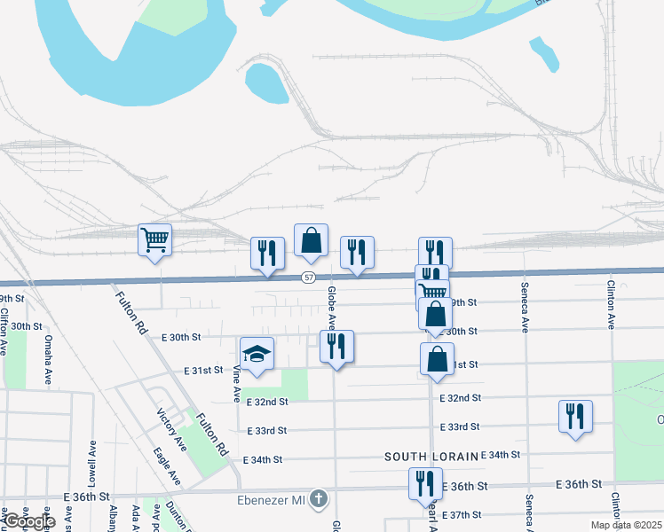 map of restaurants, bars, coffee shops, grocery stores, and more near 2750 Globe Avenue in Lorain
