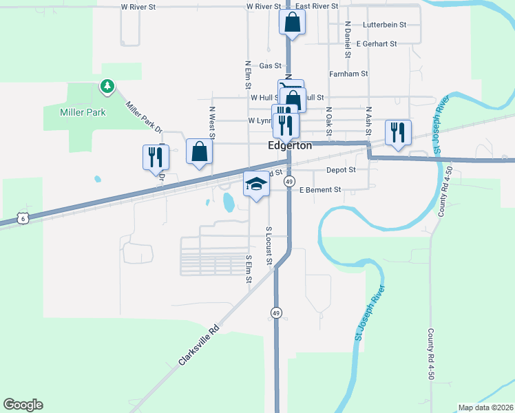 map of restaurants, bars, coffee shops, grocery stores, and more near 224 South Locust Street in Edgerton