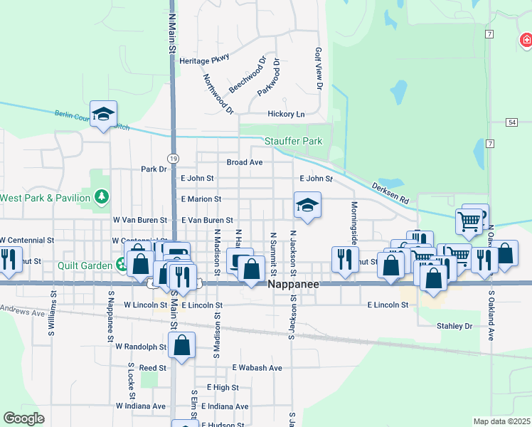 map of restaurants, bars, coffee shops, grocery stores, and more near 452 E Marion St in Nappanee