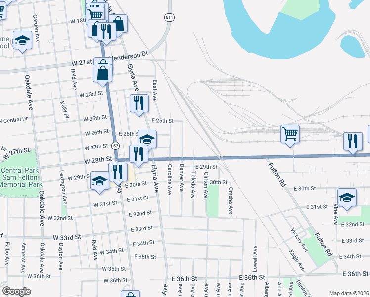 map of restaurants, bars, coffee shops, grocery stores, and more near 2659 Denver Avenue in Lorain
