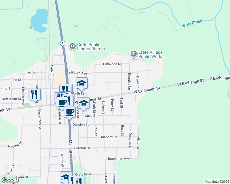 map of restaurants, bars, coffee shops, grocery stores, and more near 40 Joe Orr Court in Crete