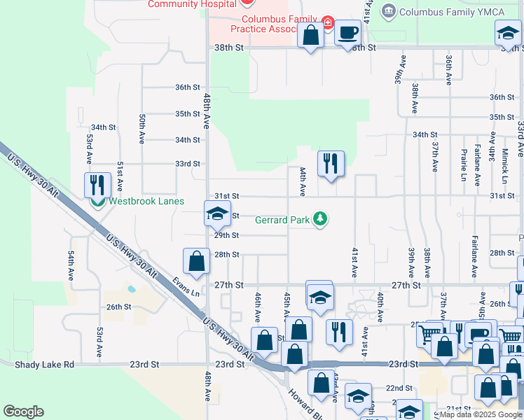 map of restaurants, bars, coffee shops, grocery stores, and more near 4530 30th Street in Columbus