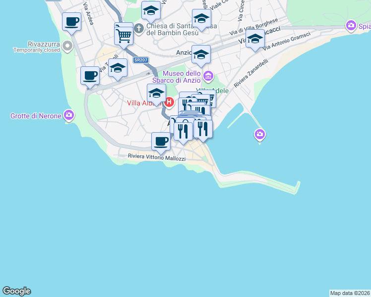 map of restaurants, bars, coffee shops, grocery stores, and more near 21 Via 20 Settembre in Anzio