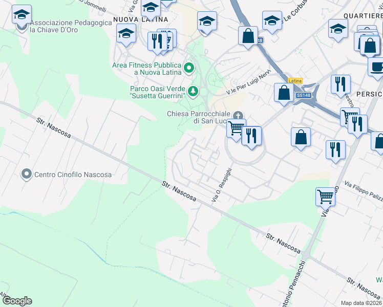 map of restaurants, bars, coffee shops, grocery stores, and more near 20 Via Gerolamo Frescobaldi in Latina