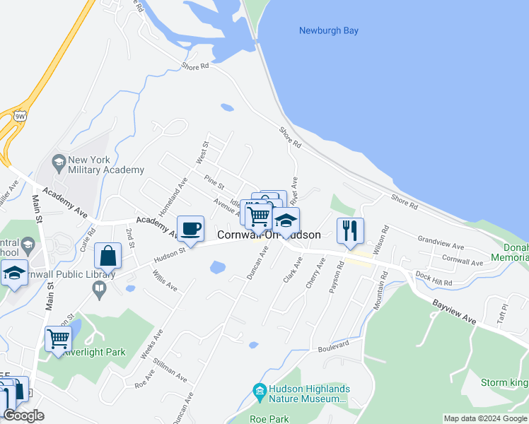 map of restaurants, bars, coffee shops, grocery stores, and more near 9 Spruce Street in Cornwall-on-Hudson