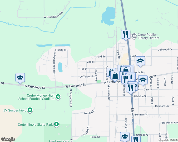 map of restaurants, bars, coffee shops, grocery stores, and more near 661 1st Street in Crete