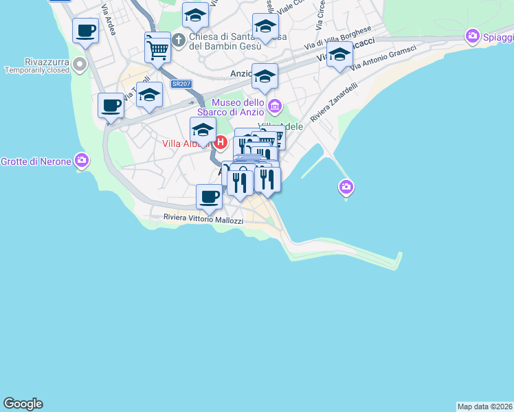 map of restaurants, bars, coffee shops, grocery stores, and more near 21 Via 20 Settembre in Anzio