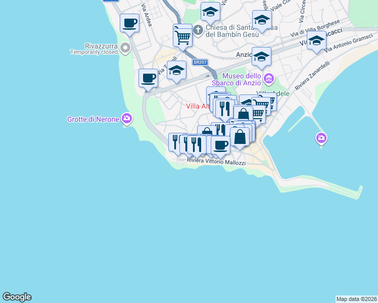 map of restaurants, bars, coffee shops, grocery stores, and more near 18 Via Luigi Mazza in Anzio