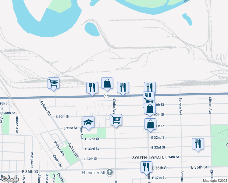 map of restaurants, bars, coffee shops, grocery stores, and more near 2750 Globe Avenue in Lorain