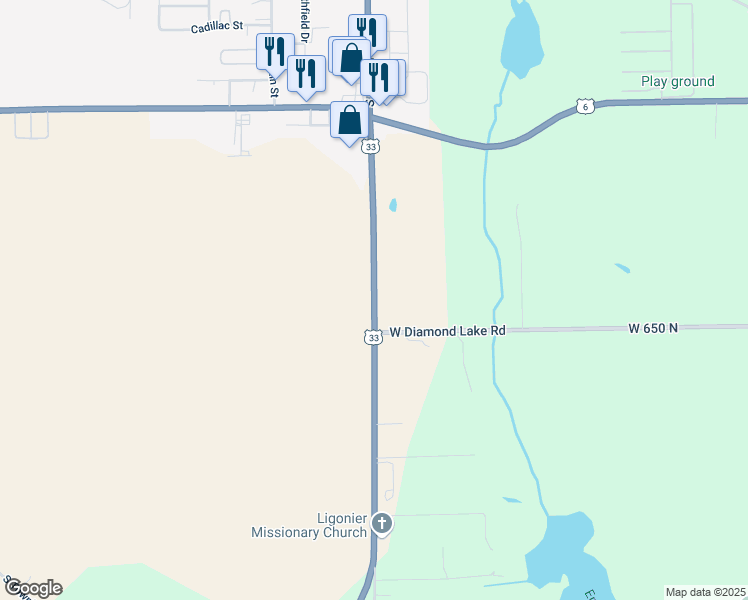 map of restaurants, bars, coffee shops, grocery stores, and more near US-33 & IN-5 in Ligonier