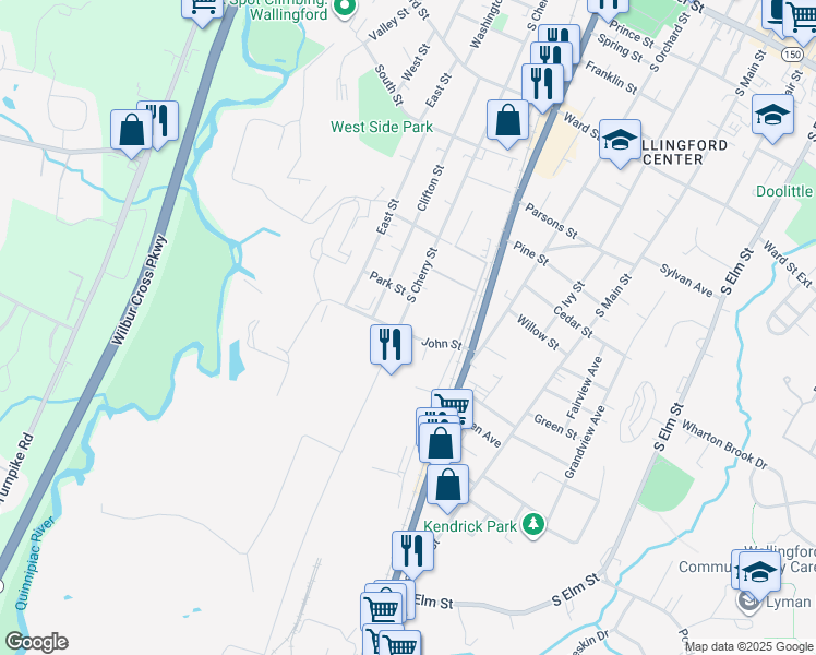 map of restaurants, bars, coffee shops, grocery stores, and more near 349 South Cherry Street in Wallingford