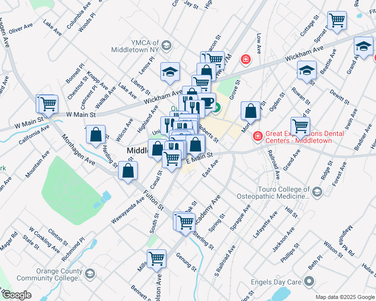 map of restaurants, bars, coffee shops, grocery stores, and more near 53 North Street in Middletown