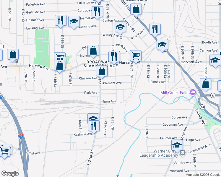 map of restaurants, bars, coffee shops, grocery stores, and more near 7199 Clement Avenue in Cleveland