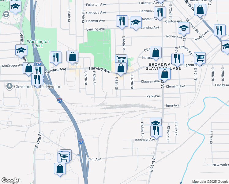 map of restaurants, bars, coffee shops, grocery stores, and more near 4097 East 64th Street in Cleveland