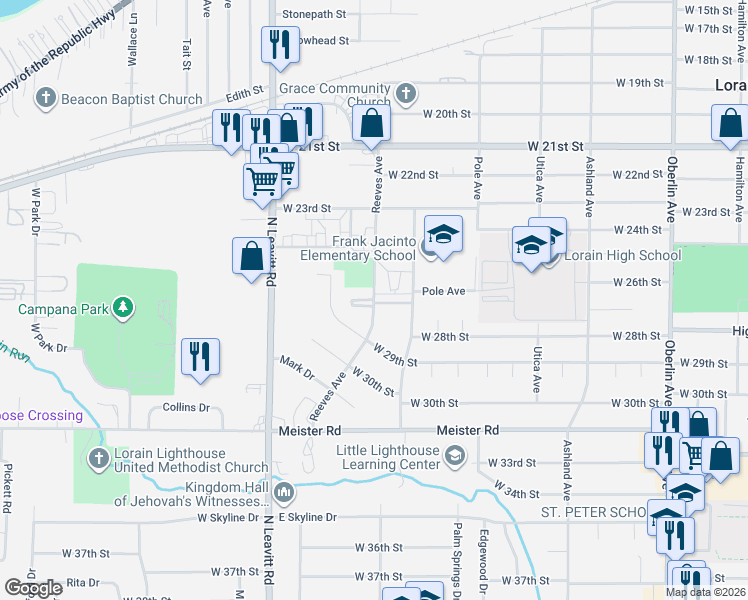 map of restaurants, bars, coffee shops, grocery stores, and more near 2600 Reeves Avenue in Lorain
