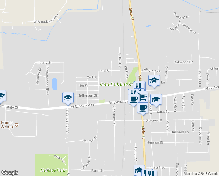 map of restaurants, bars, coffee shops, grocery stores, and more near 1304 Columbia Street in Crete
