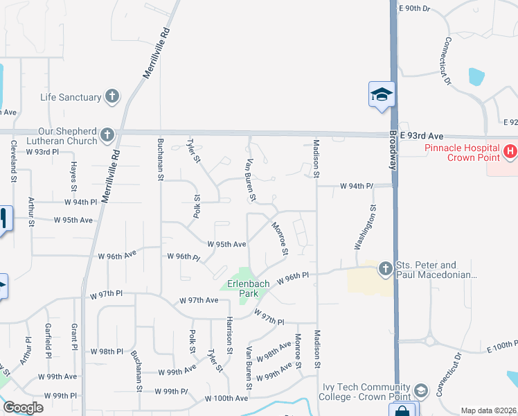 map of restaurants, bars, coffee shops, grocery stores, and more near 9462 Van Buren Court in Crown Point