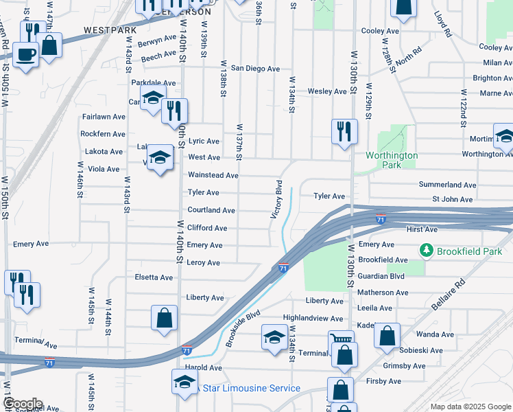 map of restaurants, bars, coffee shops, grocery stores, and more near 13517 Tyler Avenue in Cleveland