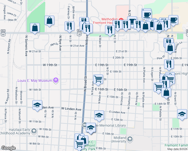 map of restaurants, bars, coffee shops, grocery stores, and more near 1749 North Park Avenue in Fremont