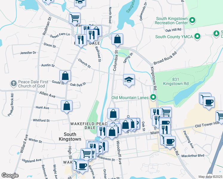 map of restaurants, bars, coffee shops, grocery stores, and more near 212 Columbia Street in South Kingstown