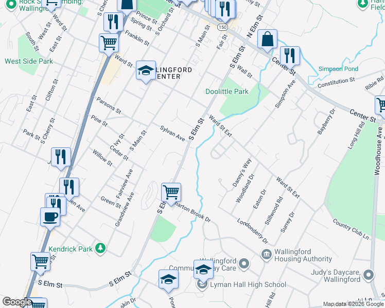 map of restaurants, bars, coffee shops, grocery stores, and more near 225 South Elm Street in Wallingford
