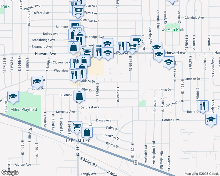 map of restaurants, bars, coffee shops, grocery stores, and more near 17206 Judson Drive in Cleveland