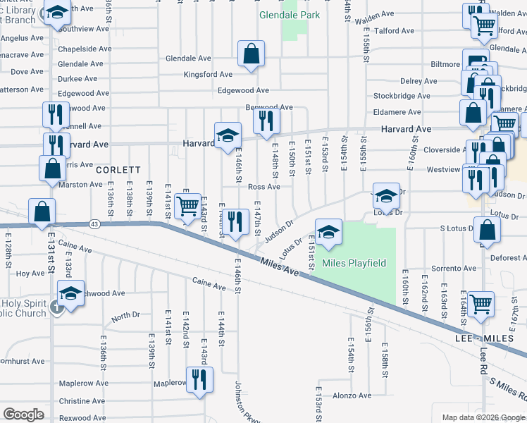 map of restaurants, bars, coffee shops, grocery stores, and more near 4160 East 148th Street in Cleveland