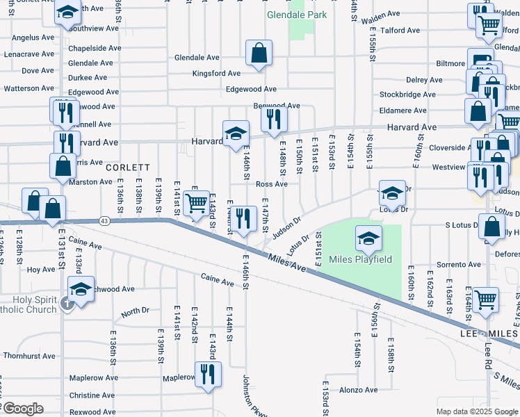 map of restaurants, bars, coffee shops, grocery stores, and more near 4152 East 147th Street in Cleveland