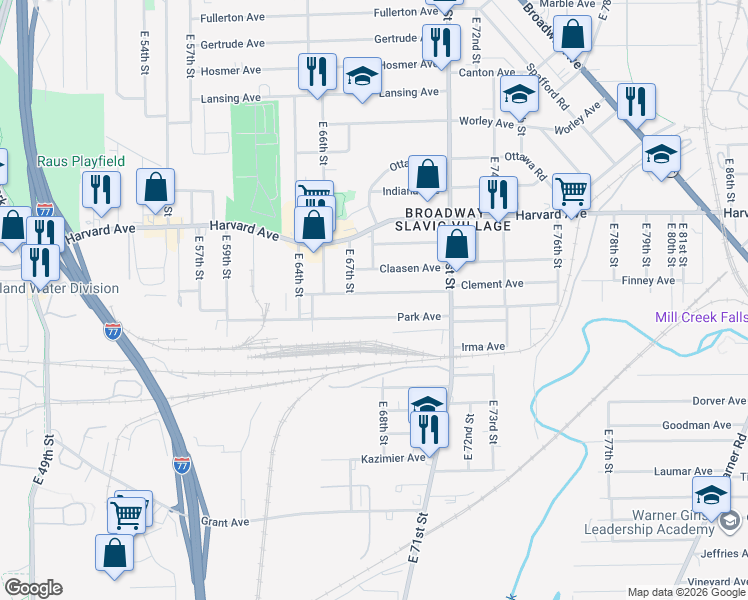 map of restaurants, bars, coffee shops, grocery stores, and more near 6801 Clement Avenue in Cleveland