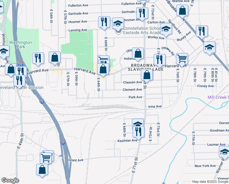 map of restaurants, bars, coffee shops, grocery stores, and more near 4098 East 67th Street in Cleveland