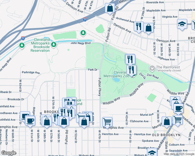 map of restaurants, bars, coffee shops, grocery stores, and more near 4050 Fulton Parkway in Cleveland