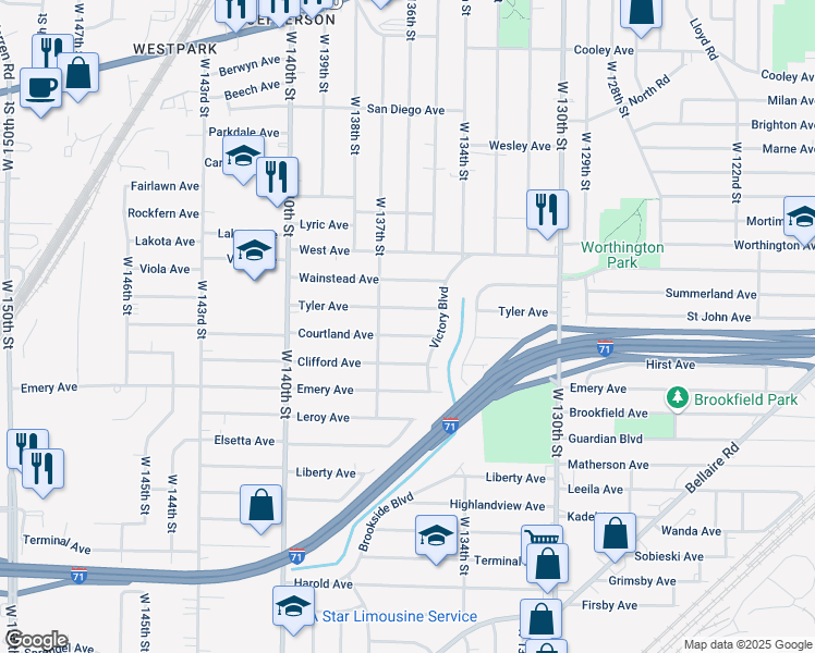map of restaurants, bars, coffee shops, grocery stores, and more near 13517 Tyler Avenue in Cleveland