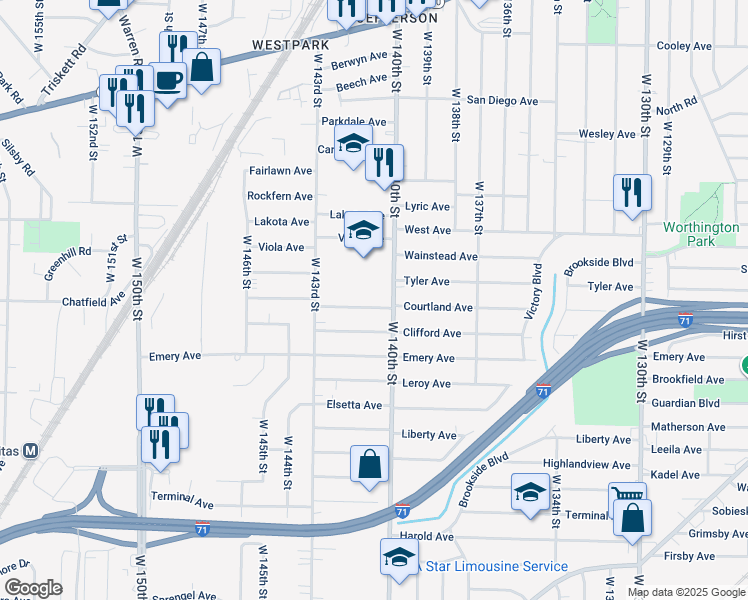 map of restaurants, bars, coffee shops, grocery stores, and more near 3952 West 140th Street in Cleveland