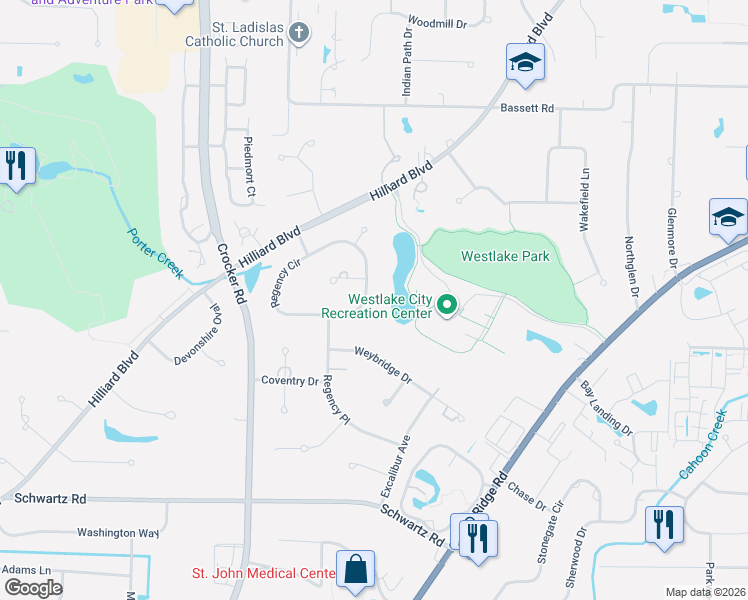 map of restaurants, bars, coffee shops, grocery stores, and more near 29252 Regency Circle in Westlake