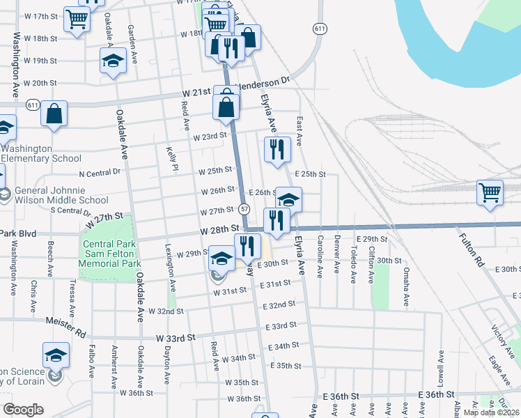 map of restaurants, bars, coffee shops, grocery stores, and more near 2614 Apple Avenue in Lorain