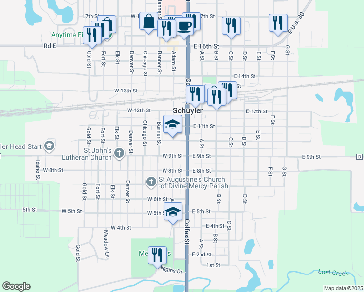 map of restaurants, bars, coffee shops, grocery stores, and more near 200 West 10th Street in Schuyler