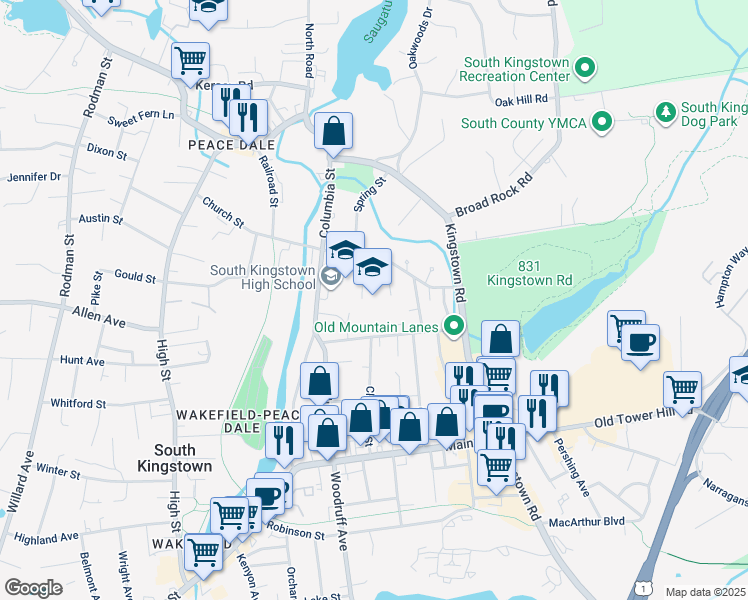 map of restaurants, bars, coffee shops, grocery stores, and more near 215 Columbia Street in South Kingstown