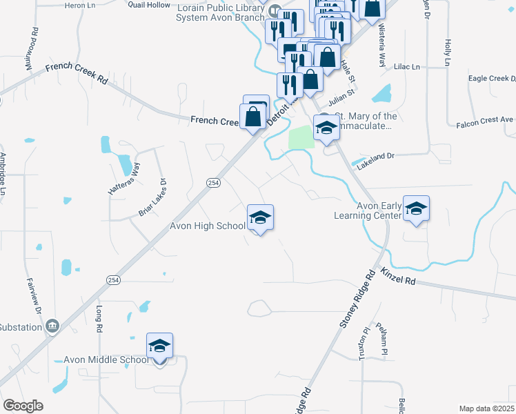 map of restaurants, bars, coffee shops, grocery stores, and more near 2990 Hayes Street in Avon