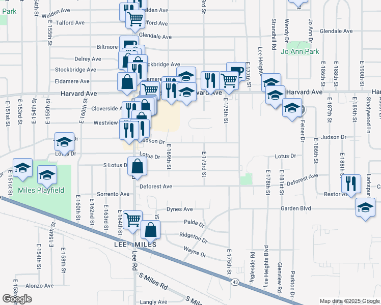 map of restaurants, bars, coffee shops, grocery stores, and more near 17206 Judson Drive in Cleveland