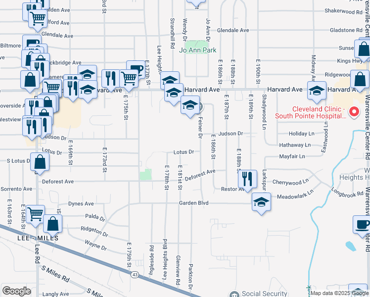 map of restaurants, bars, coffee shops, grocery stores, and more near 18109 Lotus Drive in Cleveland