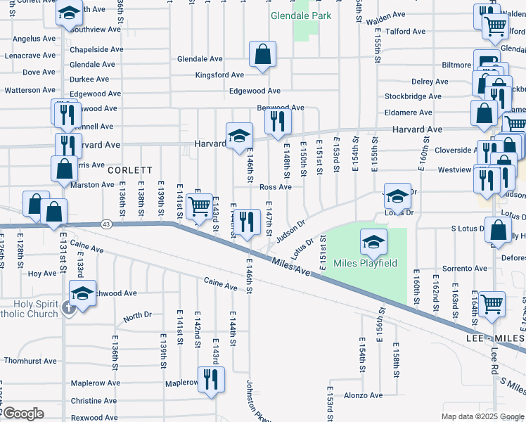 map of restaurants, bars, coffee shops, grocery stores, and more near 4152 East 147th Street in Cleveland