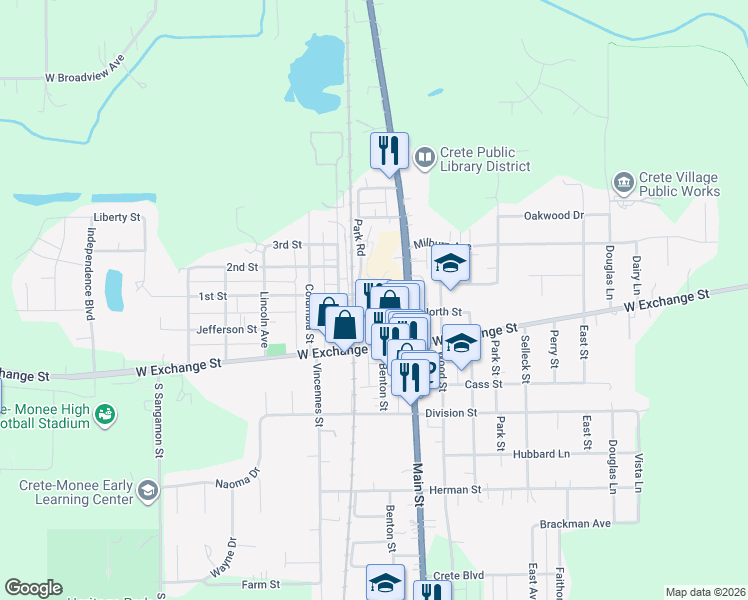 map of restaurants, bars, coffee shops, grocery stores, and more near 526 1st Street in Crete