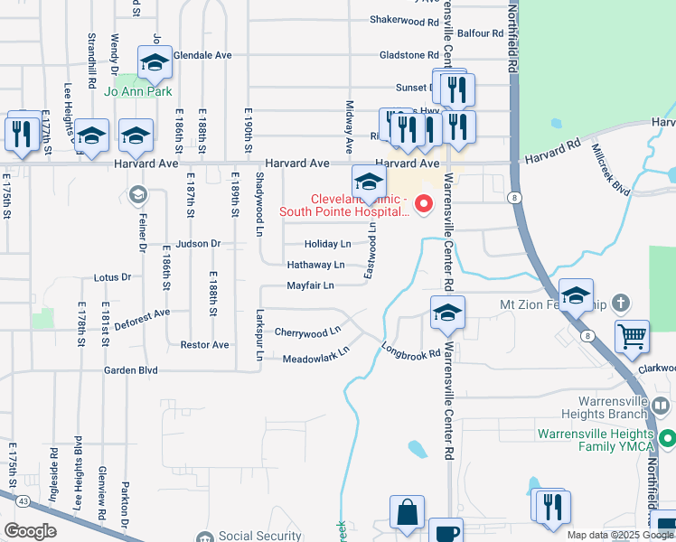 map of restaurants, bars, coffee shops, grocery stores, and more near 19603 Hathaway Lane in Warrensville Heights