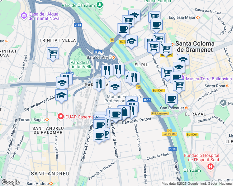 map of restaurants, bars, coffee shops, grocery stores, and more near 8 Carrer de Quito in Barcelona